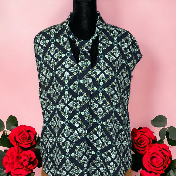 LOFT Tops - Loft Navy Blue w/ Green, White and Yellow patterned Top